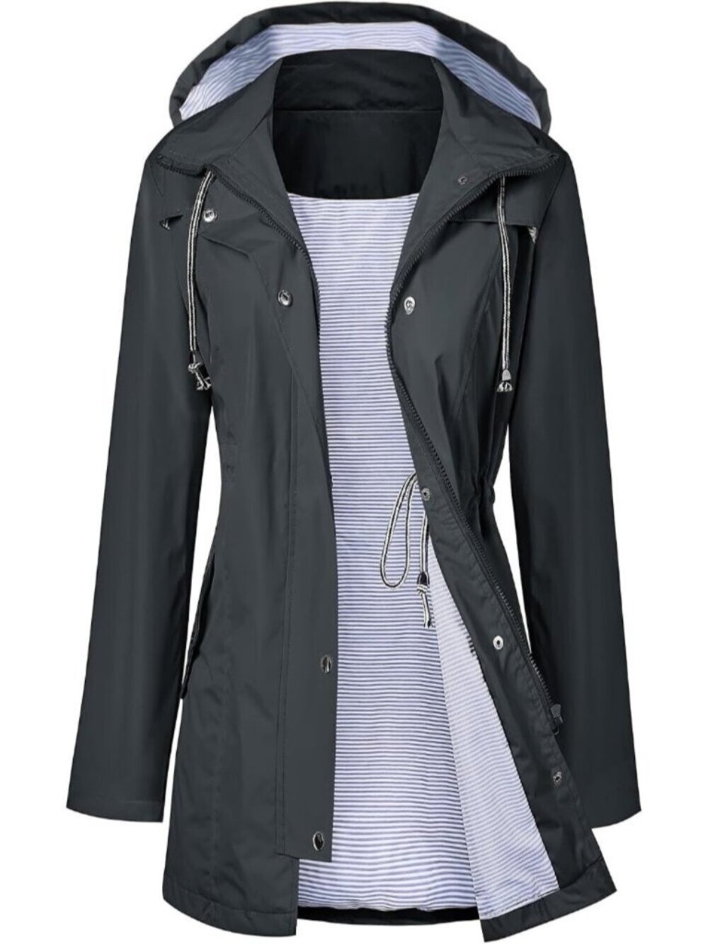 Women Deep Grey Hooded Waterproof Adjustable Drawstring Windbreaker Trench Coat